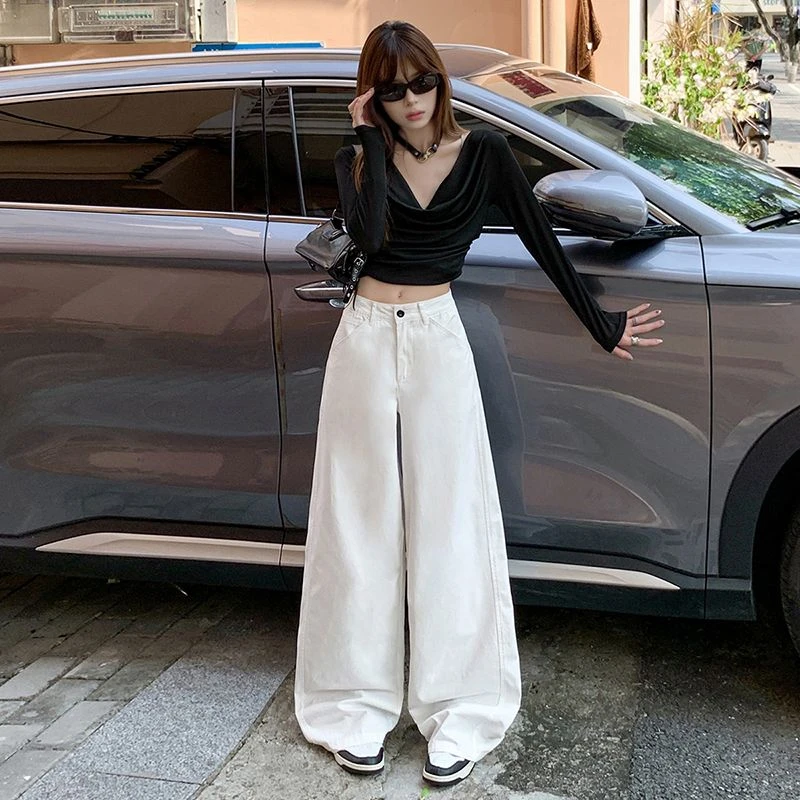 白色设计感牛仔裤2025早秋季新款女宽松阔腿高腰阔腿直筒裤休闲裤