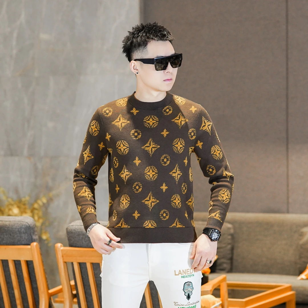 男士痞帅个性撞色印花咖啡色圆领长袖天鹅绒潮流厚款毛衣男GL5117