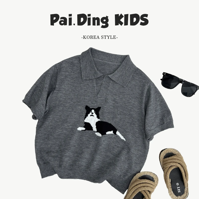 【兔小呗】夏装儿童韩版时尚可爱狗狗提花套头针织短袖T恤HCXZ4256