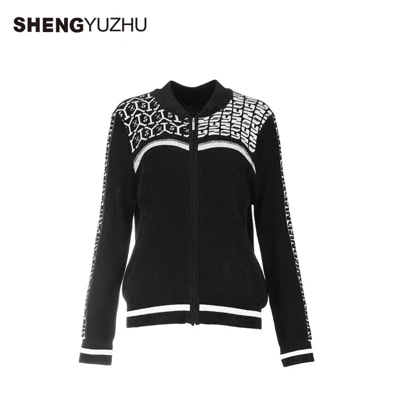 声雨竹官方旗舰店秋新款时尚提花针织衫商场同款拉链立领开衫
