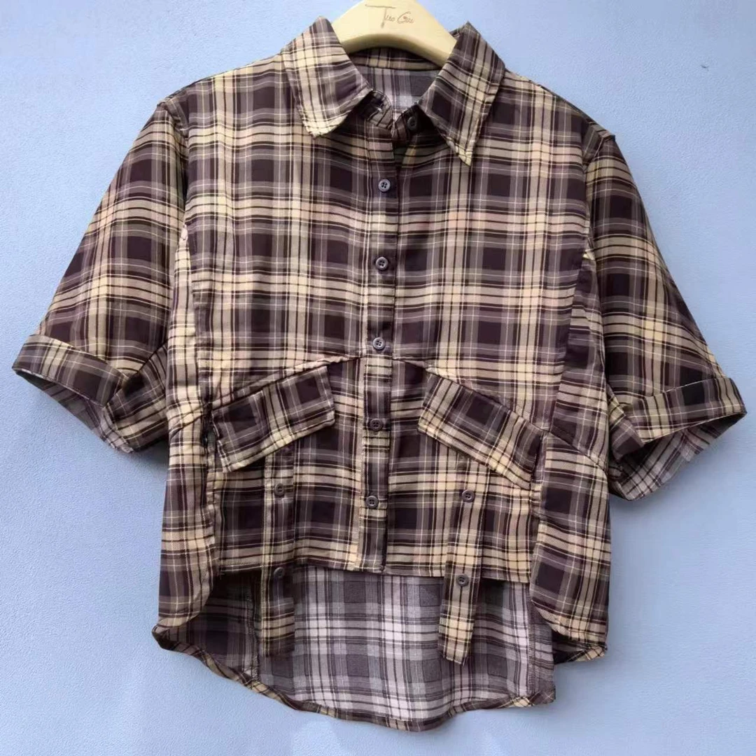 短袖时尚休闲百搭夏季设计师韩版格纹x40697