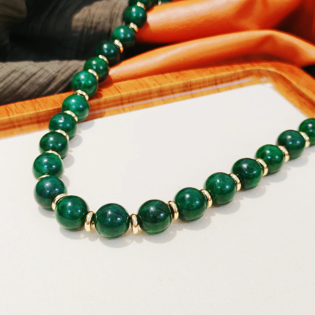 钛钢石英石项链 时尚百搭复古气质素款国风绿色珠珠项链XL542