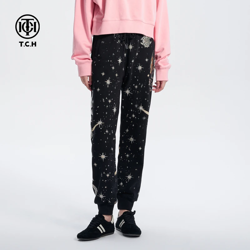 潮牌-TCH满印烫钻流星小龙潮牌休闲束脚卫裤男女同款T72C206057