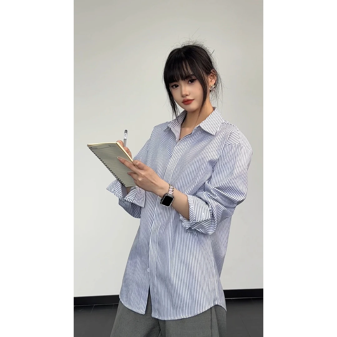 日系复古条纹长袖衬衫男女情侣春秋潮牌citywalk衬衣宽松休闲外套