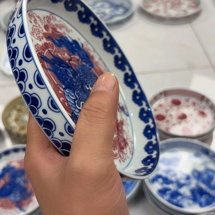 瓷片釉里红麒麟踏浪大胡乘景德镇