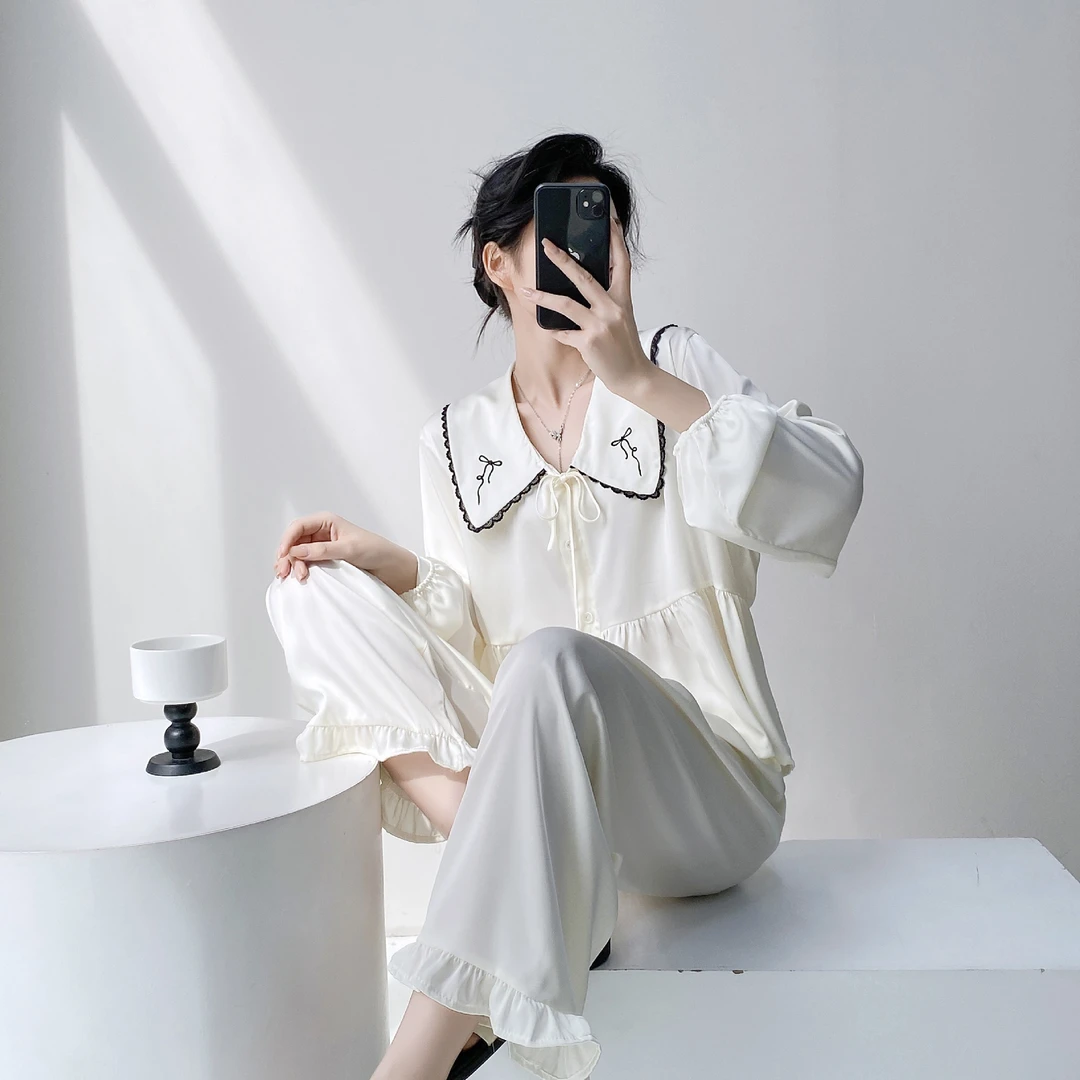 【浪漫花田】睡衣女翻领高级感宽松轻奢少女冰丝家居服套装L9183