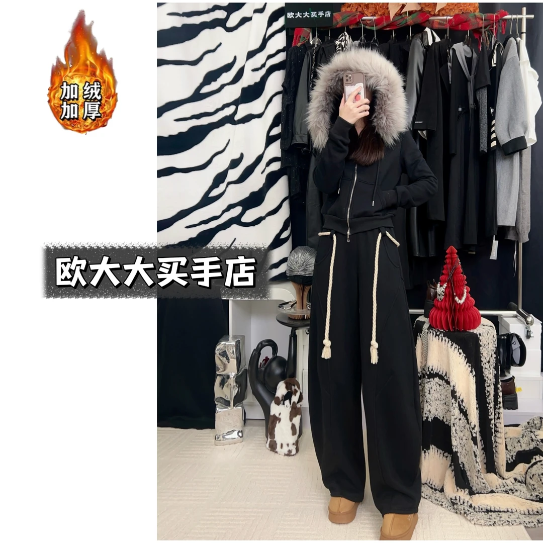 加绒加厚设计师套装女冬季新款高级感韩版显瘦穿搭阔腿裤套装1491