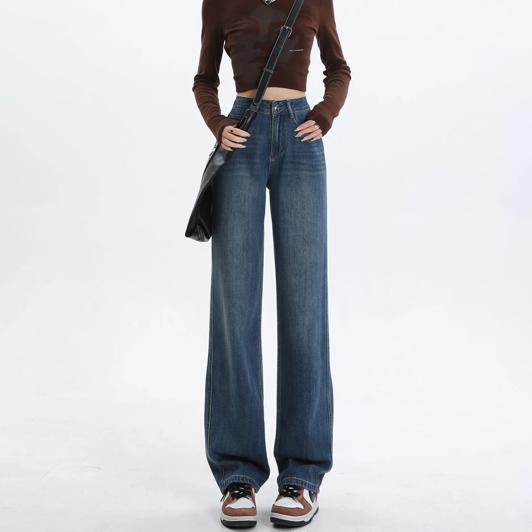 复古蓝窄版直筒牛仔裤女春秋季新款显高显瘦百搭垂感加长拖地长裤