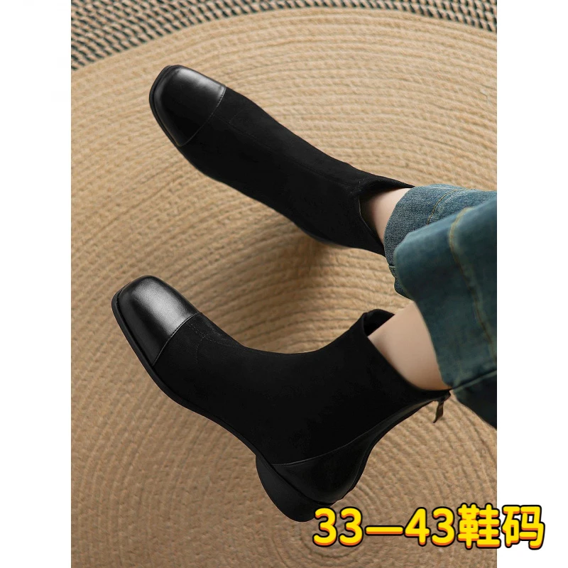 大码粗跟短靴女41到43秋季方头绒面显瘦弹力黑色瘦瘦靴中跟马丁靴