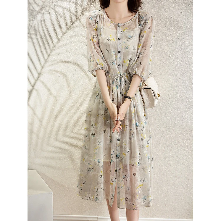 碎花长裙法式短袖连衣裙设计感小众2025夏季新款春季中长裙子女装