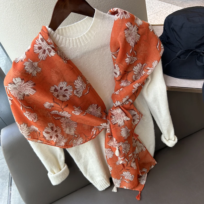 culv丝巾女秋季韩版百搭薄款纱巾围巾橘红印花流苏沙滩巾防晒披肩