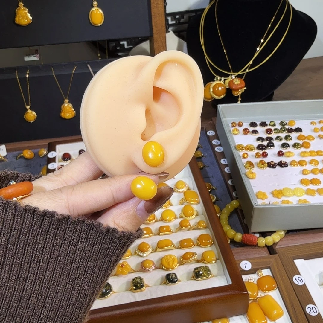 蜜蜡银S925镀金镶嵌耳饰蜜蜡耳钉