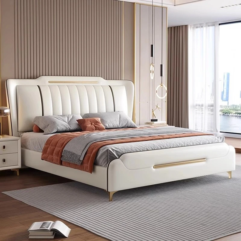 意式轻奢真皮床主卧室现代简约高端大气1.8米双人实木软包实木床