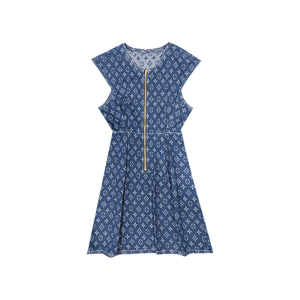 2025wj无袖藏蓝色潮流长裙收腰女士牛仔老花连衣裙#2623