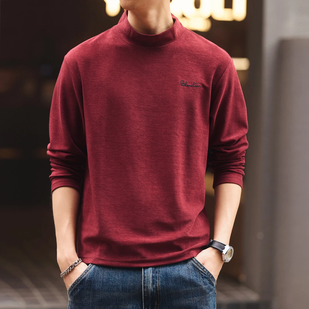 格蓝鹿日系复古莱赛尔半高领长袖t恤男士秋季2025新款休闲打底衫