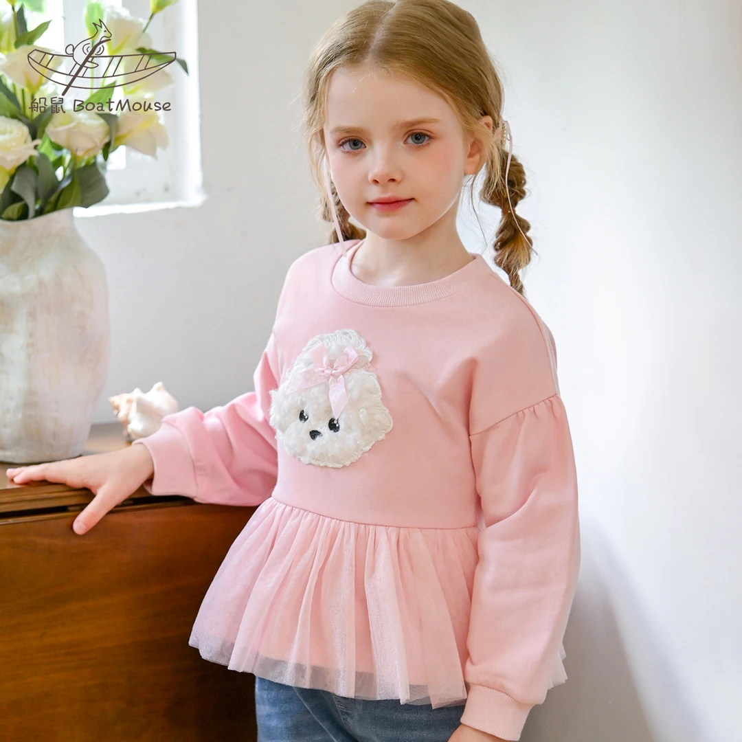船鼠女童卫衣秋圆领套头落肩袖下摆网纱卡通小女孩儿童女宝宝上衣