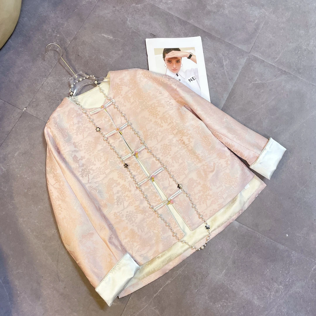 【粉色】新中式国风盘扣设计师款印花圆领网红复古单面外套8821