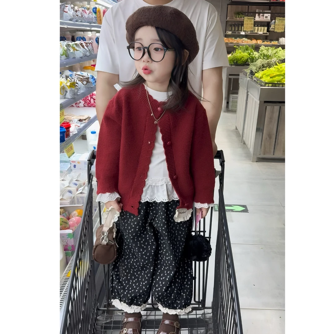 森系女童毛衣外套春秋款2025新款儿童红色针织开衫女宝宝秋装套装