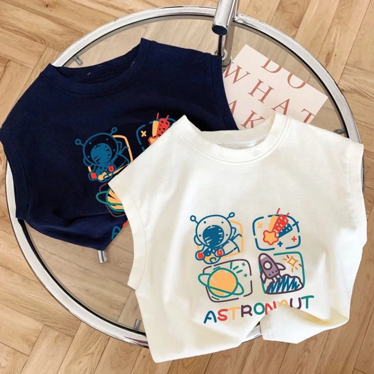 纯棉宝宝可爱宇航员儿童无袖T恤2025中小童男女童男童背心上衣夏T