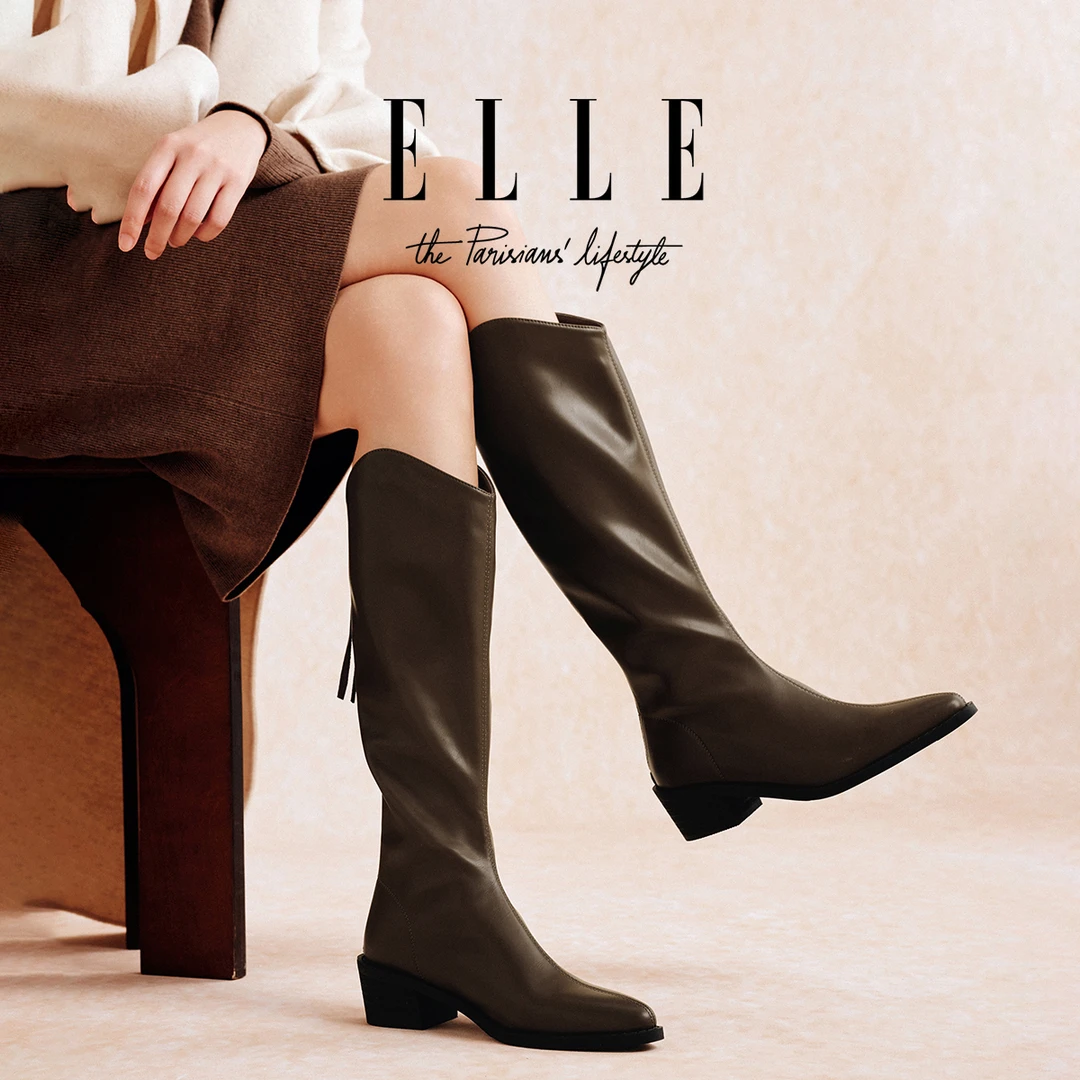 ELLE后拉链厚底皮靴V口西部牛仔靴女小个子长筒靴尖头高筒骑士靴