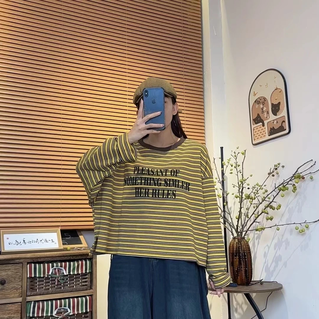 休闲风圆领宽松型条纹通勤风T恤撞色潮流时尚百搭