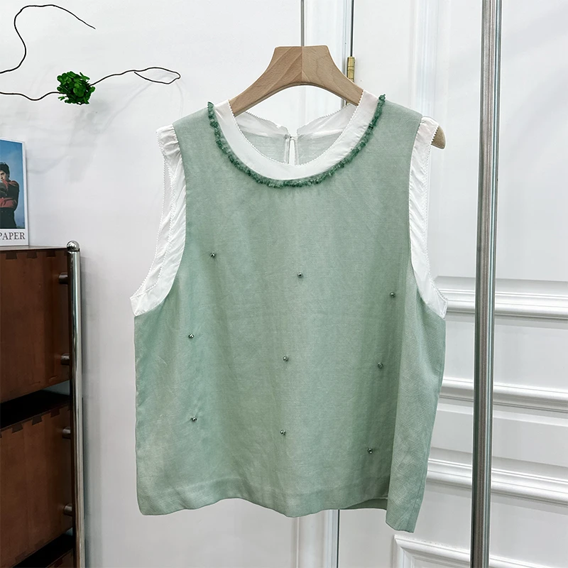 55SY3604拼接无袖上衣女夏新款温柔风无袖马甲时尚休闲百搭纯色