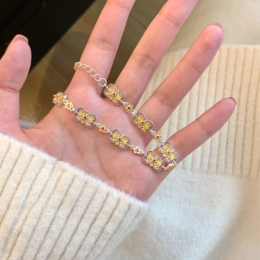 足银珐琅手链 燕归yangui“紫丁香”足银999.9 15cm加5cm延长链