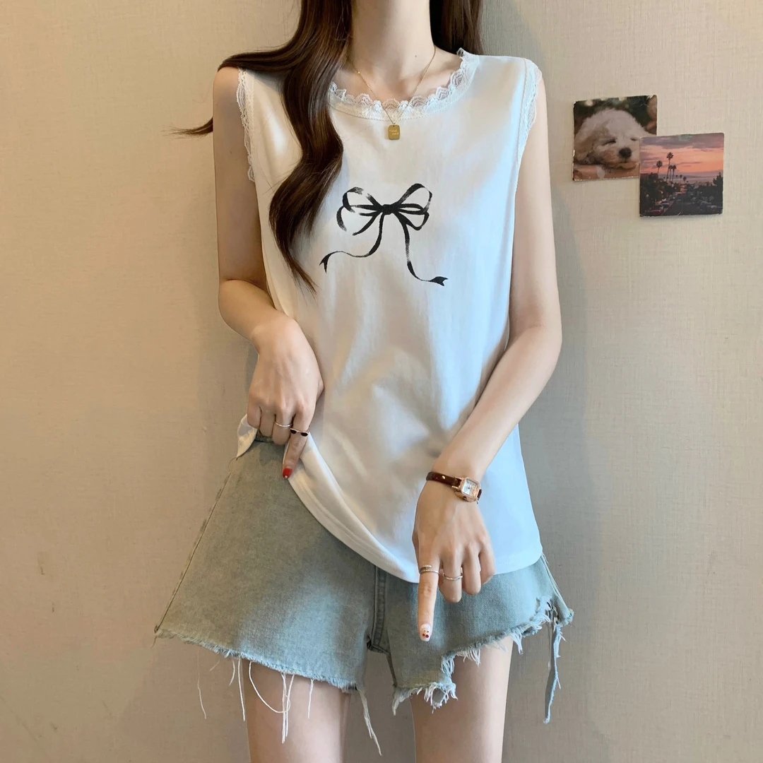 大码印花拼接蕾丝花边背心女夏季新款胖MM设计感小众宽松无袖上衣