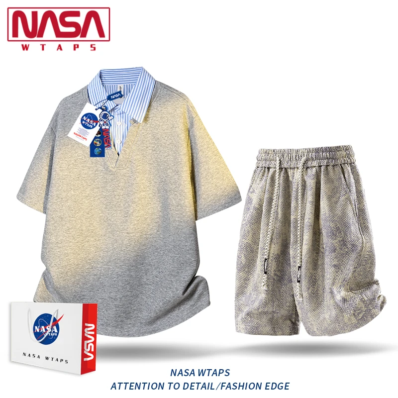 NASA WTAPS美式重磅假两件套装男款夏季潮短袖短裤宽松痞帅两件装
