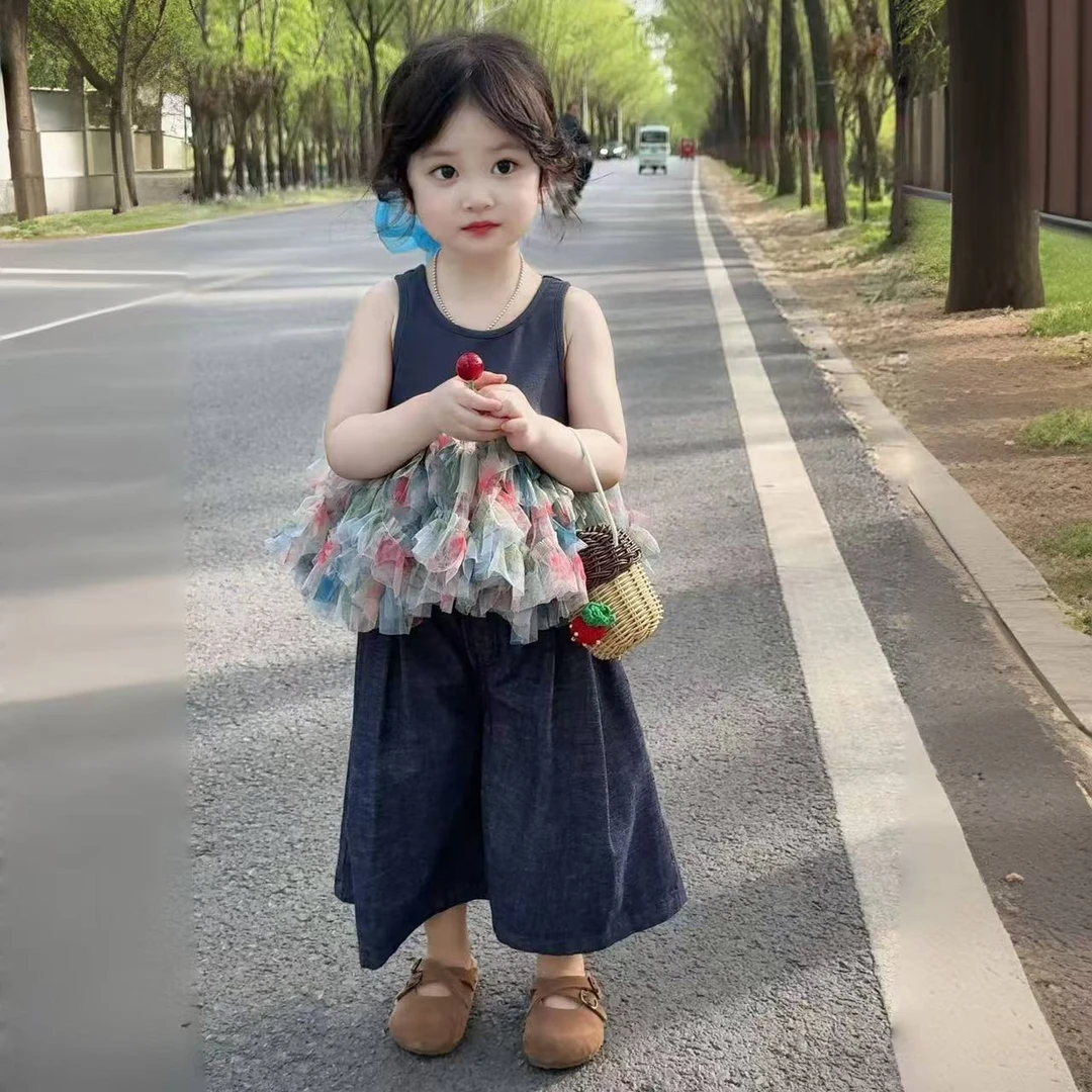 女童洋气吊带背心网纱拼接上衣宽松牛仔阔腿裤夏季套装