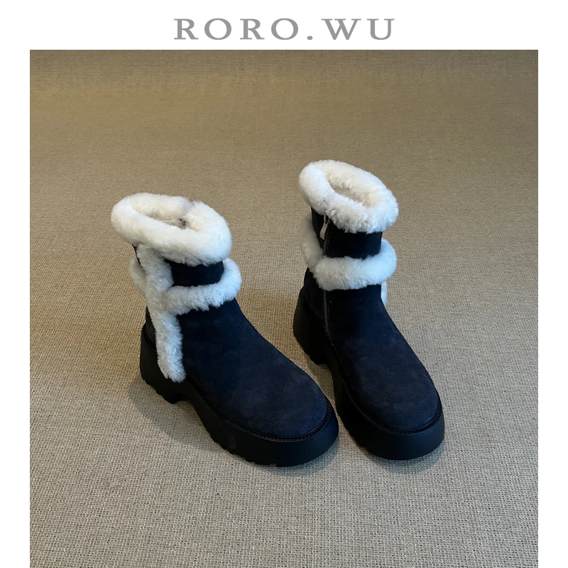 娆娆吴·牛皮加绒保暖圆头厚底毛毛短靴冬季新款粗跟雪地靴女M08