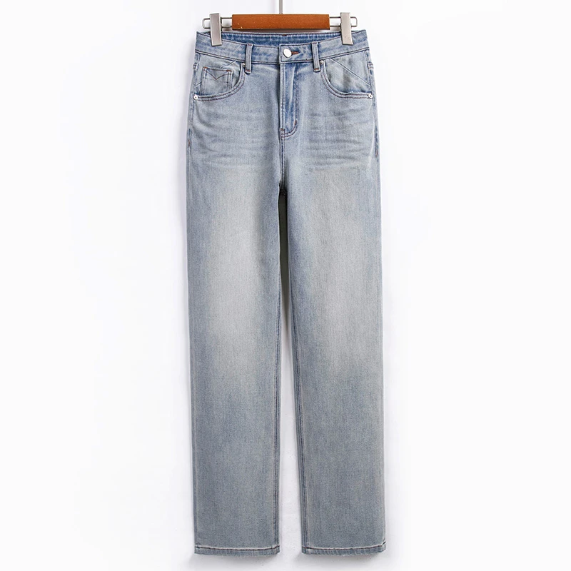 自媒体早春新款显瘦直筒裤窄版宽松阔休闲时尚百搭高腰牛仔裤 332