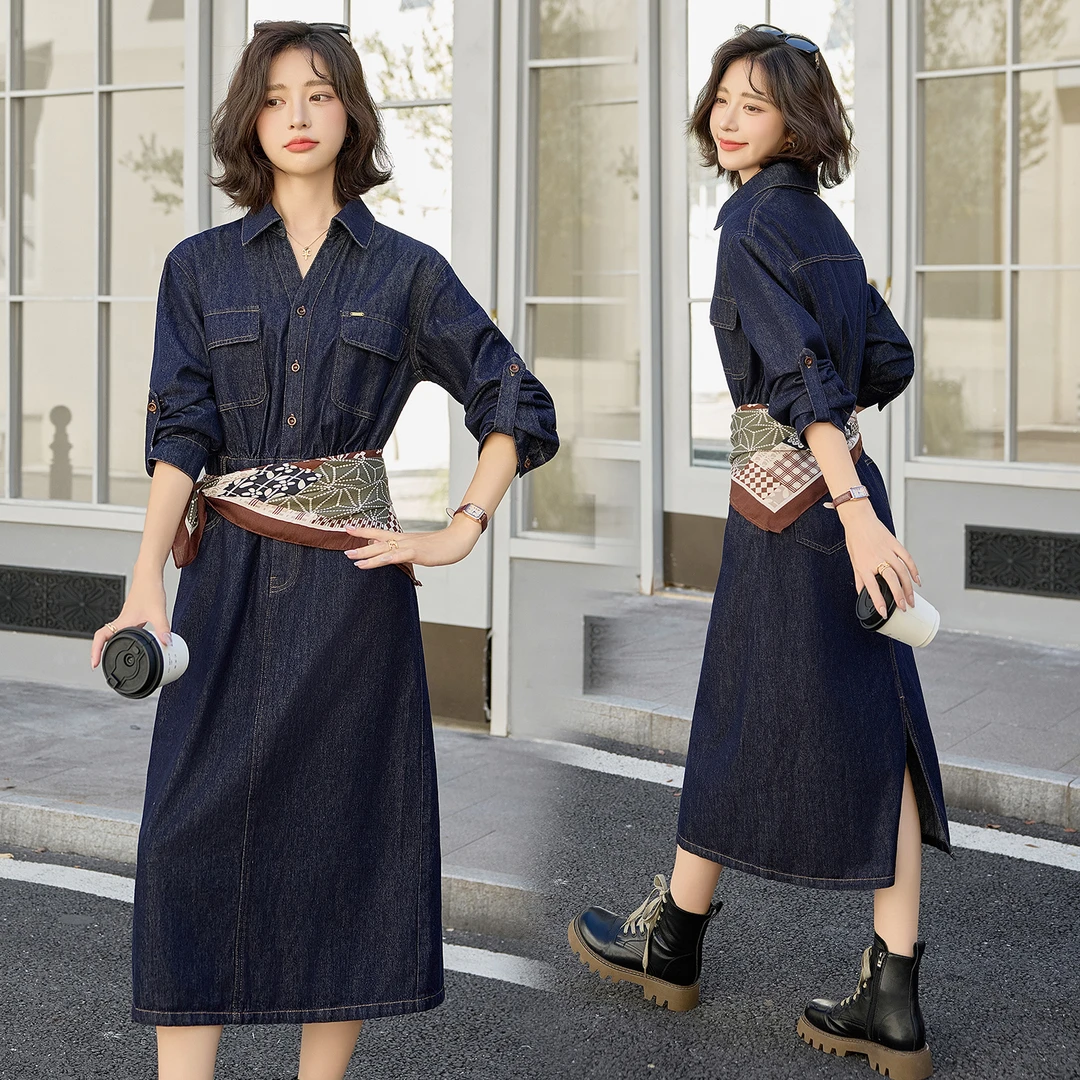 复古港风牛仔连衣裙女2025春秋新款设计感气质遮肉显瘦中长款裙子