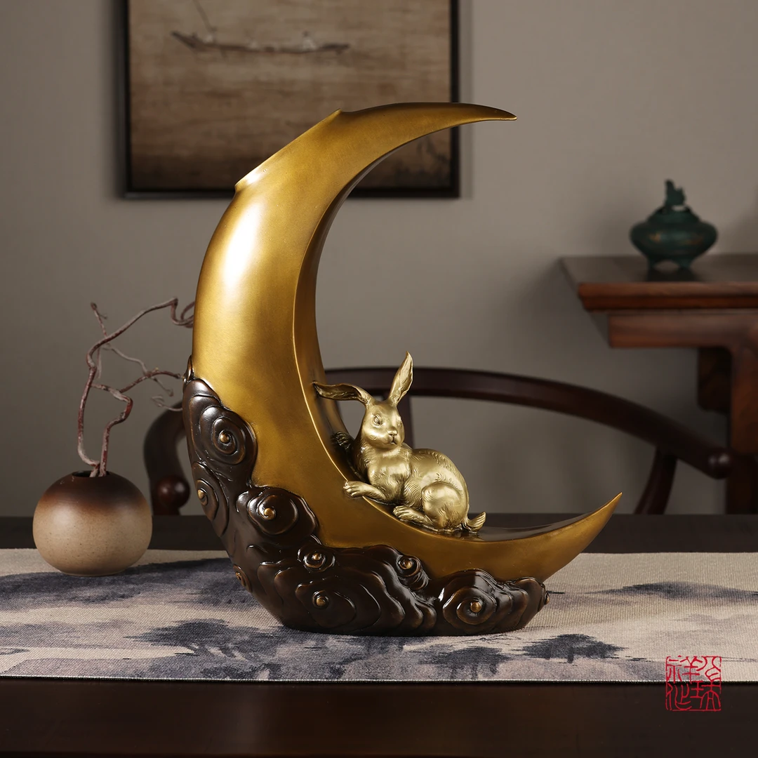 八瑞祥黄铜花瓶摆件【玉兔纹花器】客厅插花轻奢高级感乔迁开业礼品