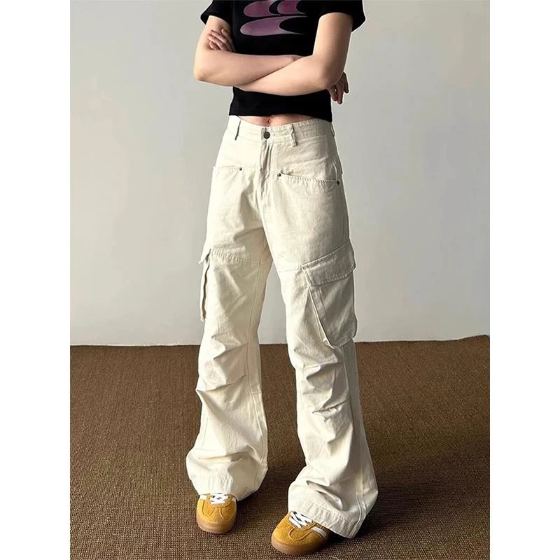 美式复古米白色多口袋工装裤男款春季褶皱宽松阔腿裤子直筒微喇裤