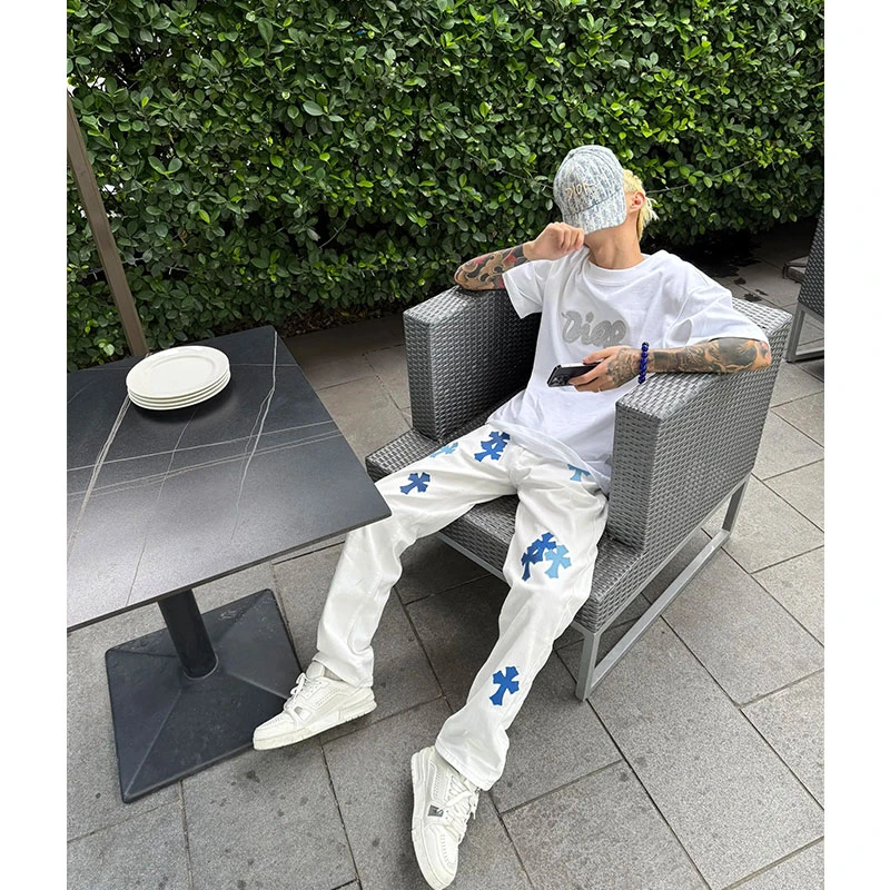 -EQME-美式克罗心牛仔裤男款春秋vibe高街轻奢痞帅裤子情侣潮牌