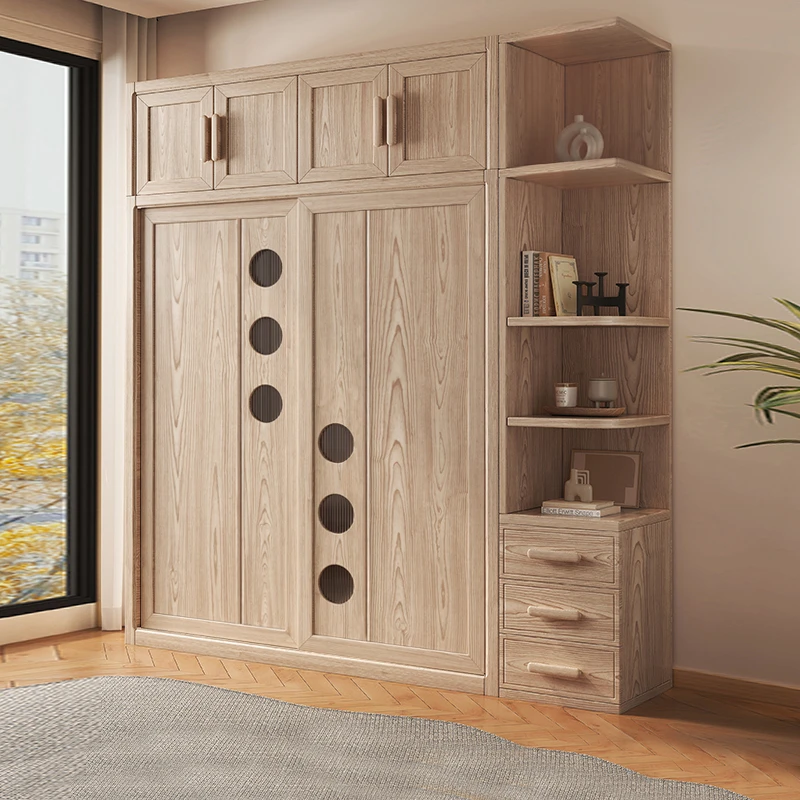 白蜡木推拉移门衣柜木质新款家用卧室实木柜子小户型顶柜衣橱原木