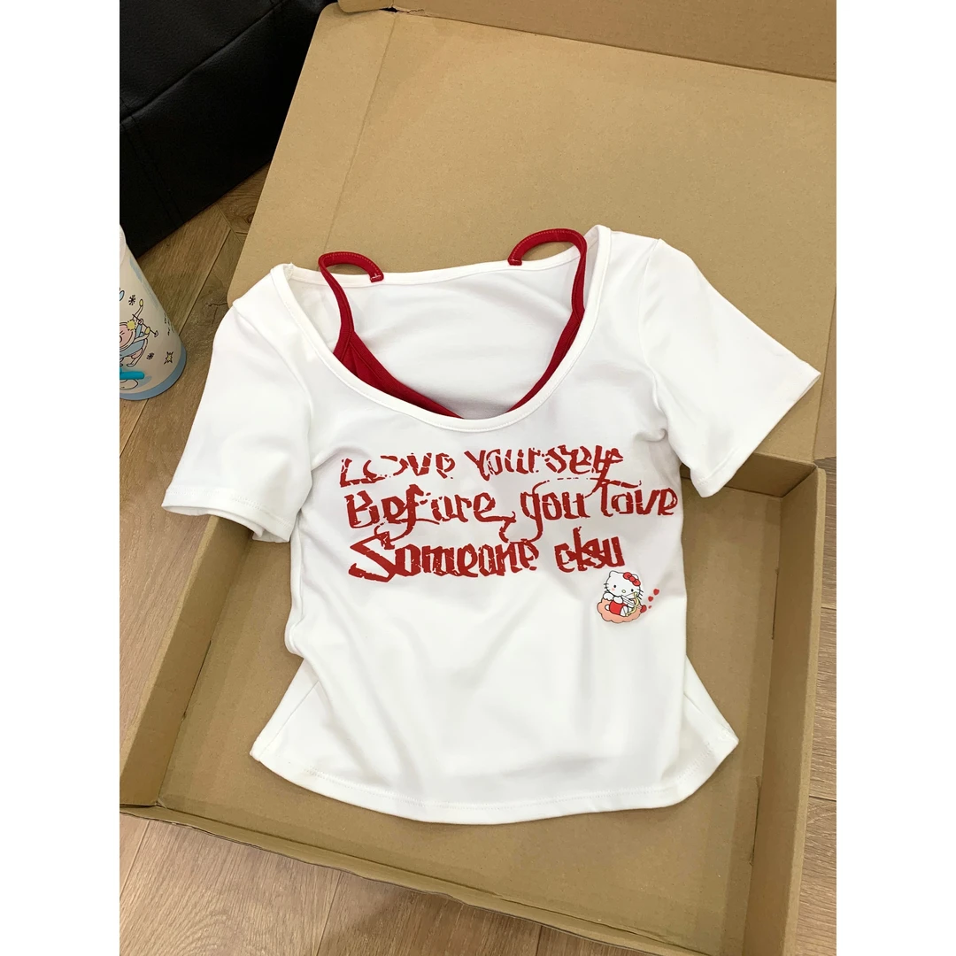 新款凯蒂猫印花短袖T恤女款夏季2025纯欲辣妹修身撞色上衣可外穿