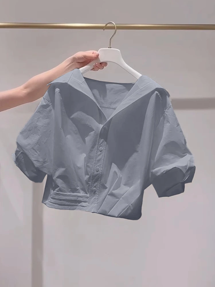 超好看灰色翻领泡泡袖衬衫女2025年夏季爆款慵懒风宽松短款上衣潮