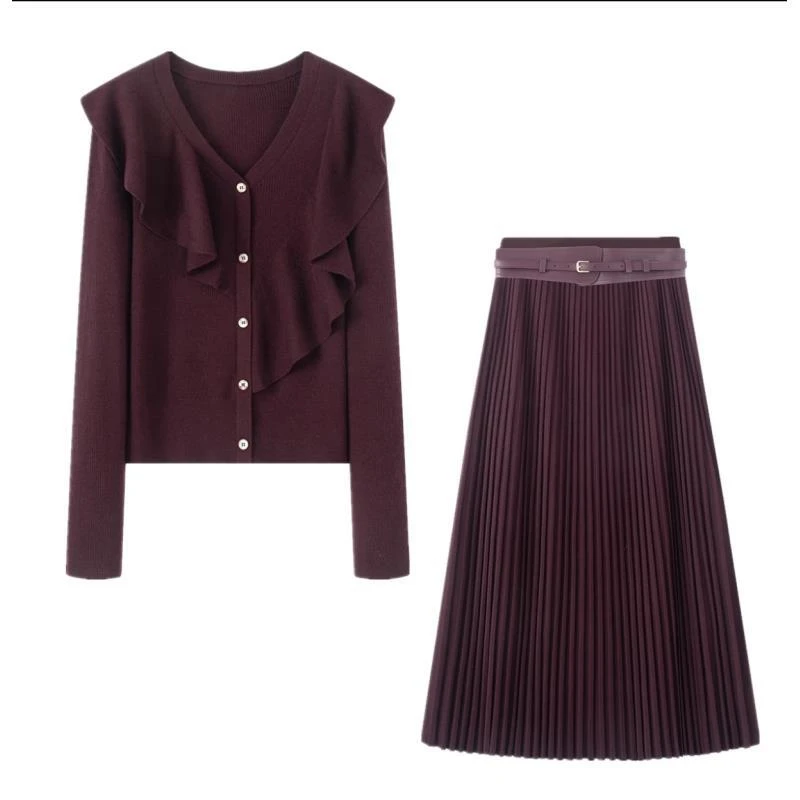 秋冬装新款时尚简约气质V领荷叶边开衫半裙套装1569/0771