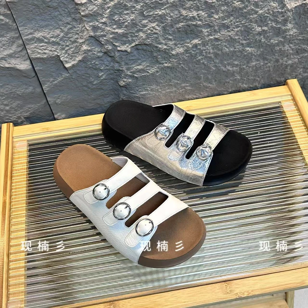 现楠彡定制真皮三条边扣真皮厚底增高4CM拖鞋