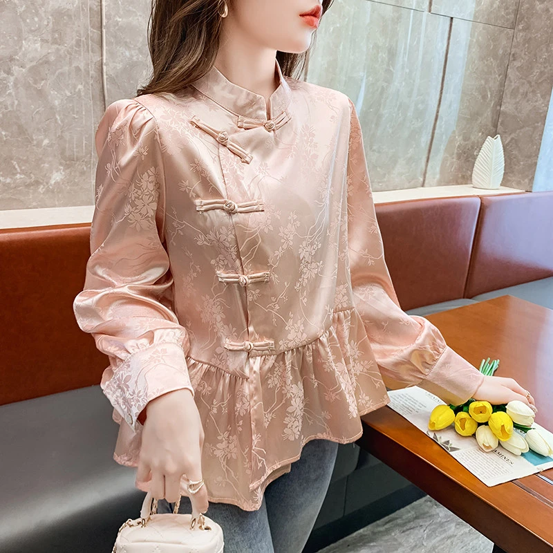 大码女装新中式国风盘扣粉色雪纺衬衫春秋季胖mm收腰遮肚显瘦上衣