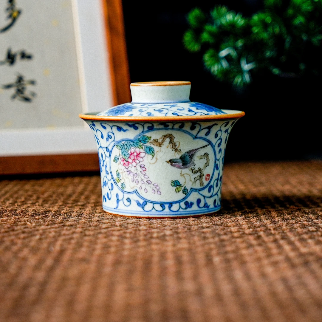 【朴云堂】小鸟喜鹊赏花缠枝莲马蹄盖碗   120cc（朴碗0218）