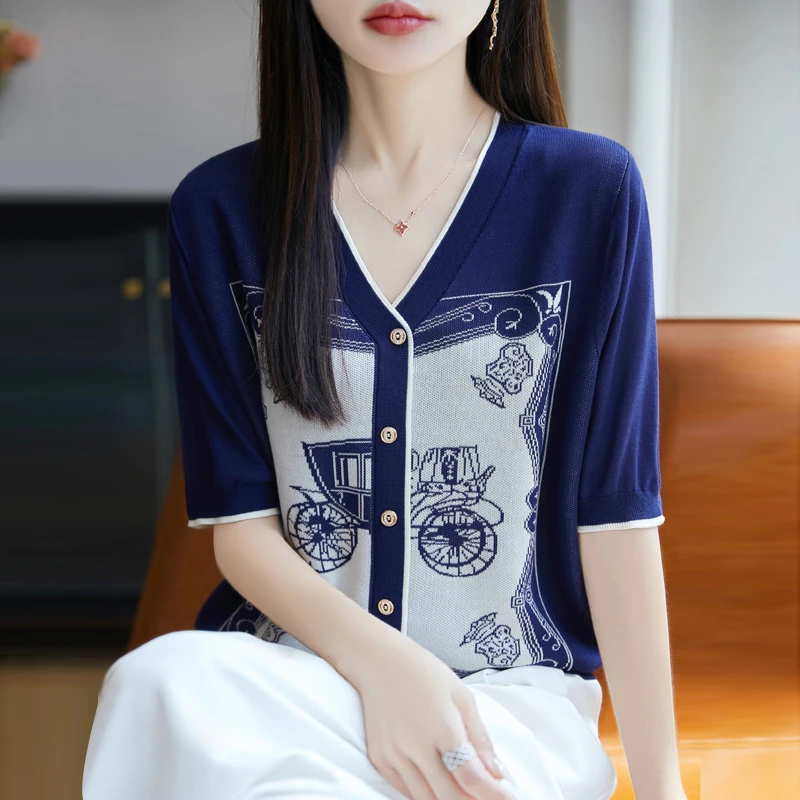 v领提花短袖t恤女夏季2025新款打底衫洋气上衣