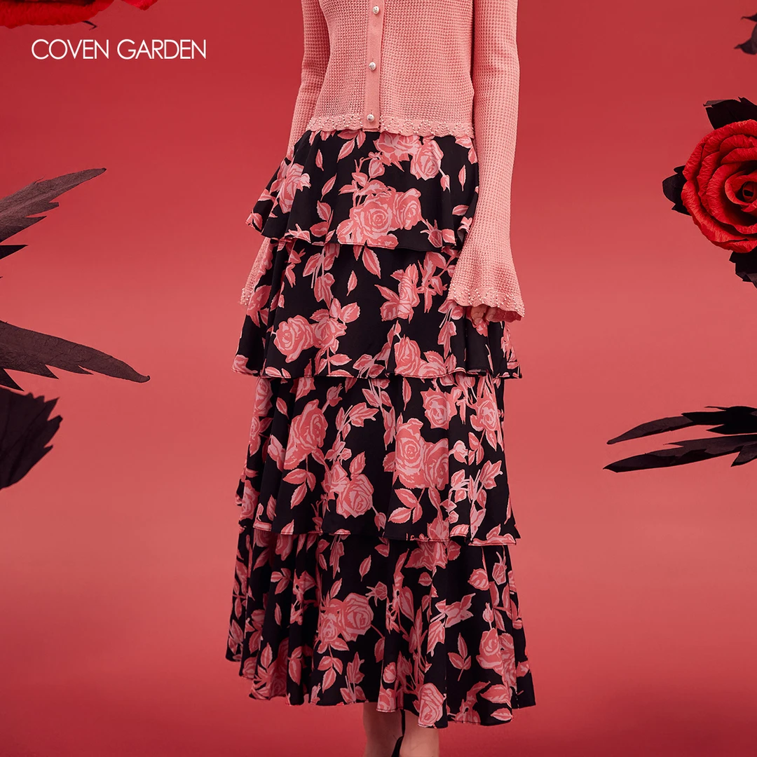 【陈大可】 玫瑰印花蛋糕裙长裙CLA3073180 COVEN GARDEN