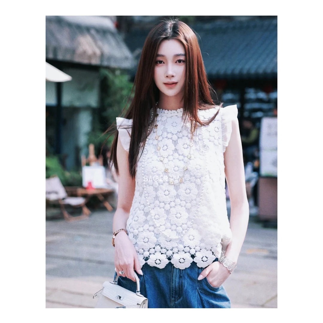 17-【在逃公主】宝儿家含幂BL86025102名媛风手工花朵飞边袖上衣