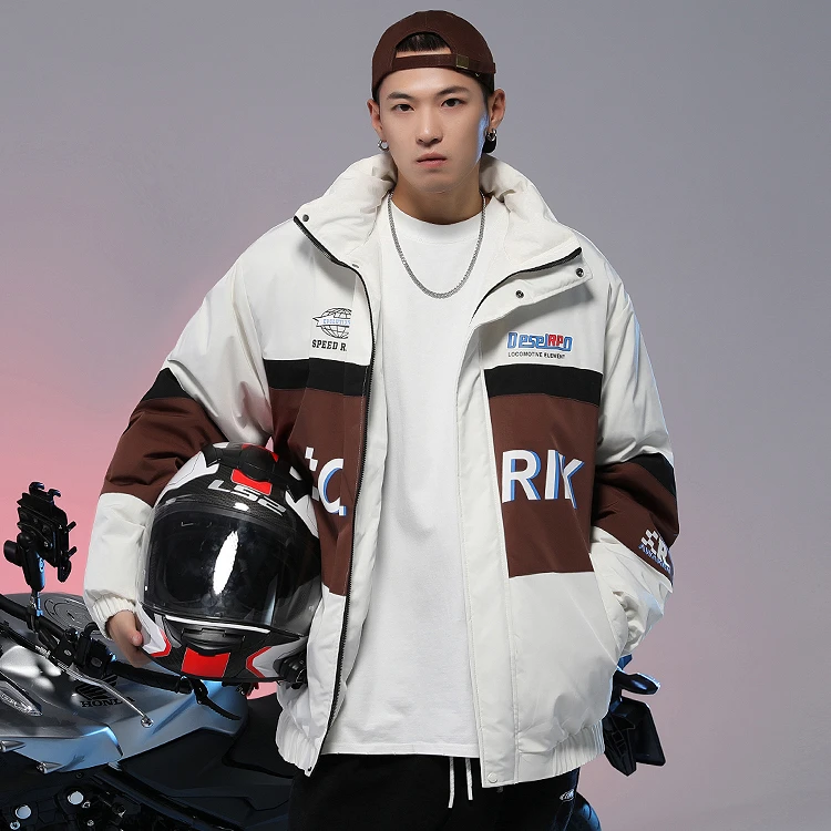 OLRIK拼接撞色logo印花加厚保暖机车字母条纹立领宽松棉服8208