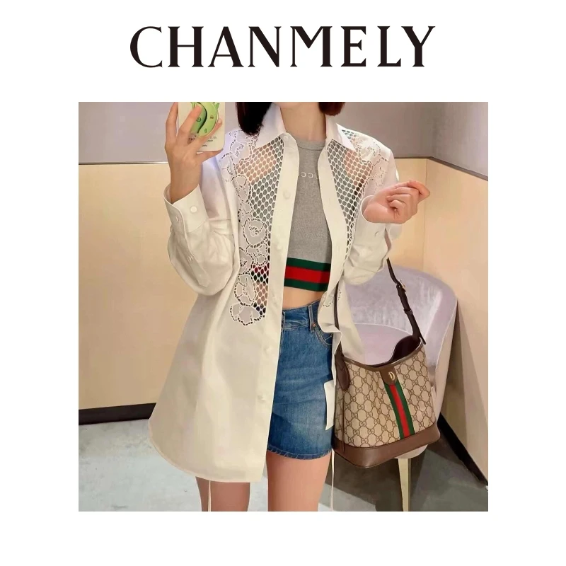 【CHANMITY】 ‘’白贲无咎‘’性感镂空刺绣翻领单排扣衬衫0241607