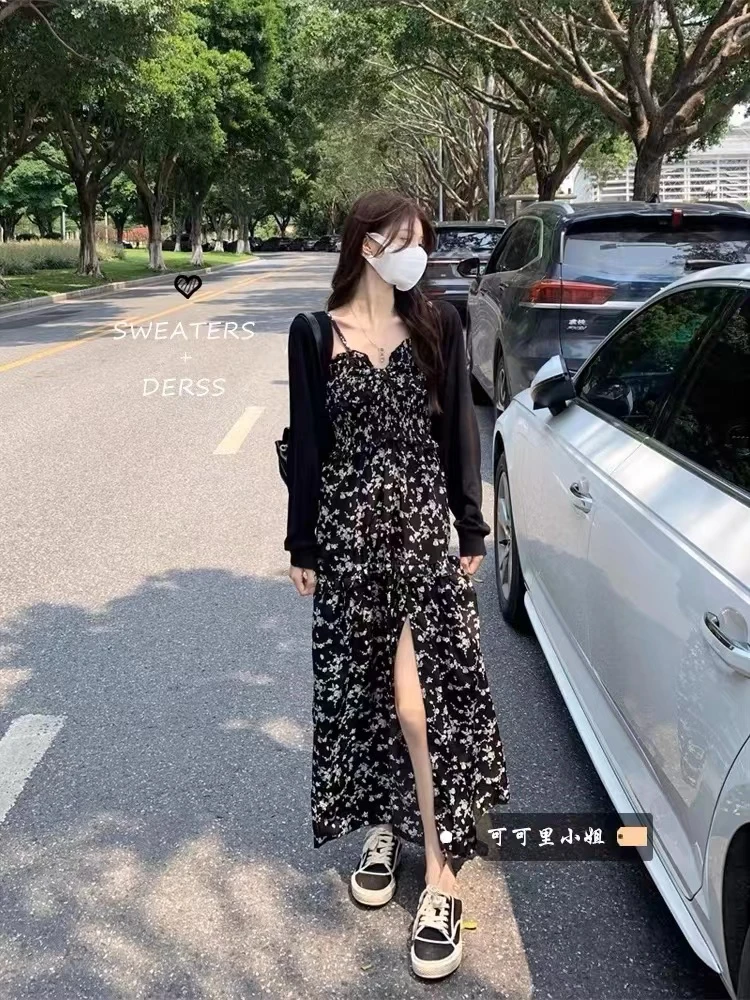 黑色碎花吊带连衣裙气质显瘦复古开叉长裙夏季女装