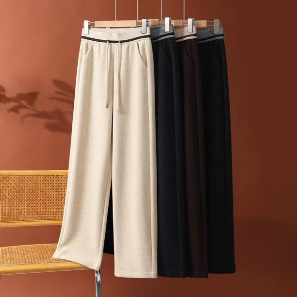 冬季新款加厚不加绒天丝醋酸羊毛高腰显瘦直筒裤小个子妈妈休闲裤